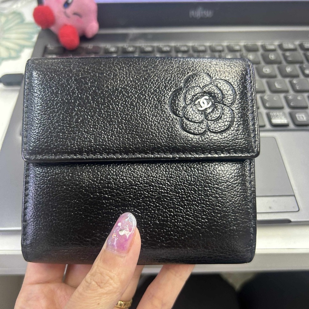 Chanel Black Camellia flower logo compact wallet